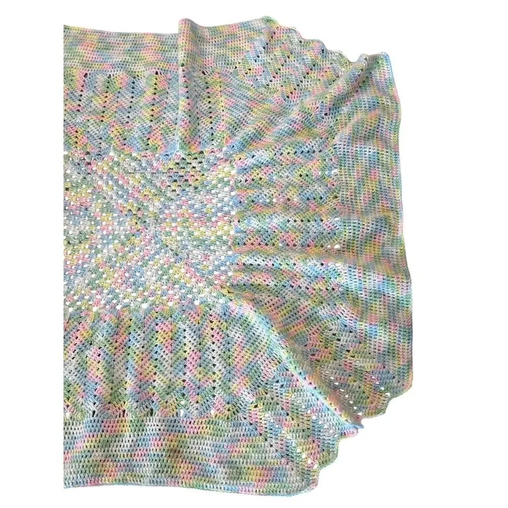 Handmade Crochet Baby Blanket Afghan Pastel Rainbow 37x41 Nursery